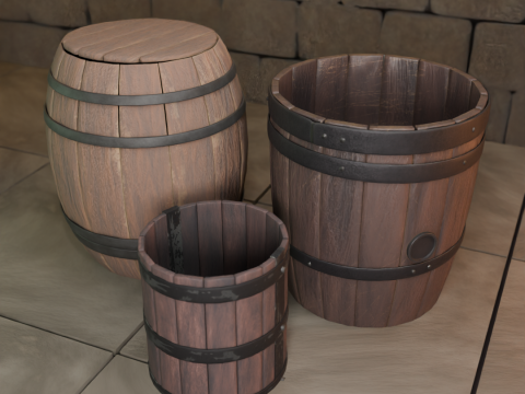 Wooden barrels set Modello 3D