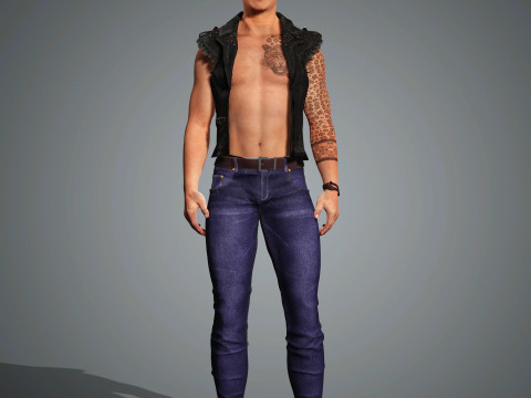 Cartoon Man with Tattoo Character Ready for Game and Animation 3D Model