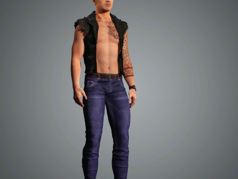 Cartoon Man with Tattoo Character Ready for Game and Animation 3D Model