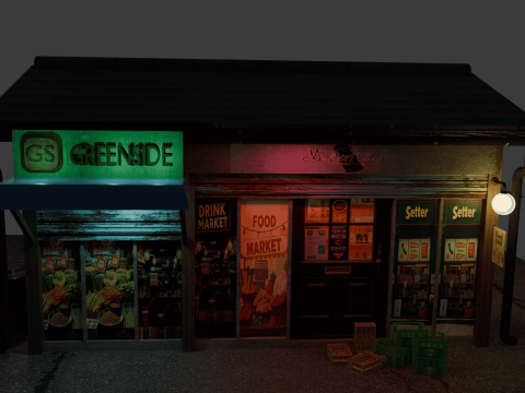 Retro Convenience Store Exterior with Neon Lighting Modelo 3D