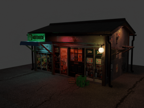 Retro Convenience Store Exterior with Neon Lighting 3D Model