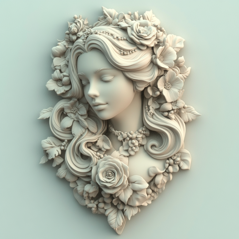 Floral Woman Bas-Relief Decorative Portrait for CNC 3D Printing 3D Print Model .c4d .max .obj .3ds .fbx .stl .blend