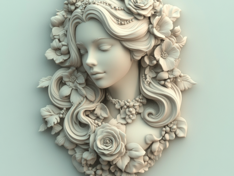 Bloemenvrouw Bas-reli&euml;f Decoratief portret voor CNC 3D-printen 3D printmodel