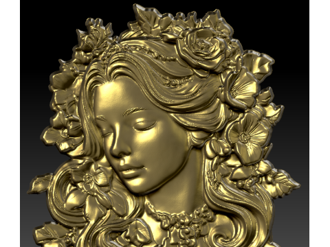 Floral Woman Bas-Relief Decorative Portrait for CNC 3D Printing 3D Print Model