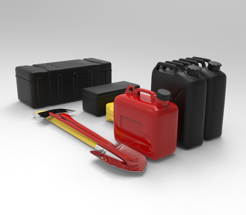 Off-Road Accessories Shovel Axe Jerry Cans Storage Boxes 3D Модель .c4d .max .obj .3ds .fbx .stl .blend