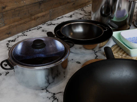 Kitchen Kit pan and cooking pot accessories 4K textures 3D Model