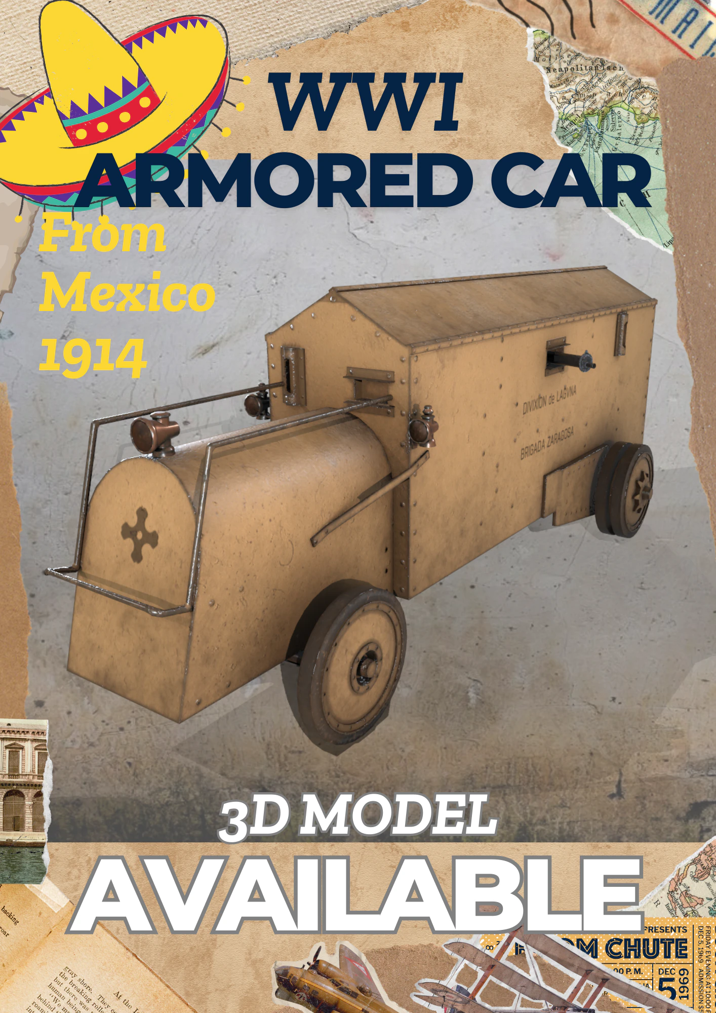 WWI armored car - Mexico 1914 3D Model .c4d .max .obj .3ds .fbx .stl .blend 