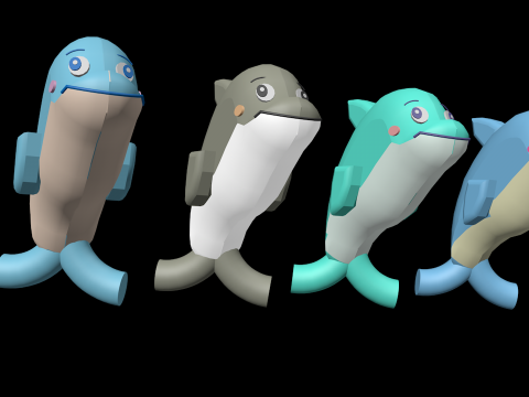 Happy Baby Dolphins Collection - 4 Colorful Characters Model 3D