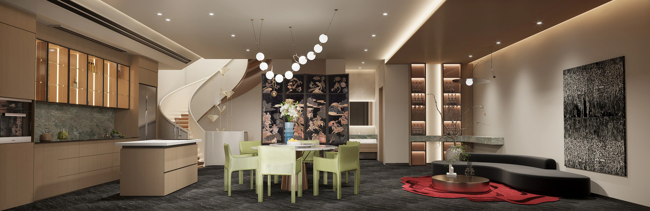 モダンなヴィラのリビング ルーム ダイニング ルーム センター アイランド オープン キッチン回転 3Dモデル .c4d .max .obj .3ds .fbx .stl .blend 