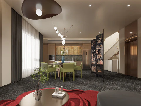 モダンなヴィラのリビング ルーム ダイニング ルーム センター アイランド オープン キッチン回転 3Dモデル