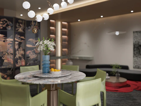 モダンなヴィラのリビング ルーム ダイニング ルーム センター アイランド オープン キッチン回転 3Dモデル