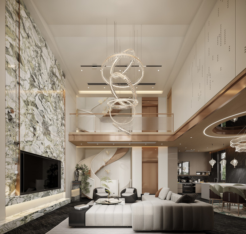 Modern villa pick empty living room dining room kitchen spiral staircase 3Dモデル .c4d .max .obj .3ds .fbx .stl .blend 