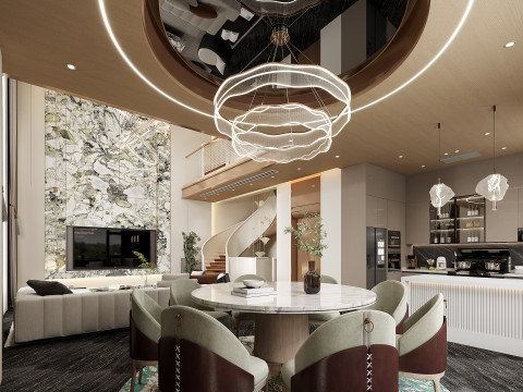 Modern villa pick empty living room dining room kitchen spiral staircase 3Dモデル
