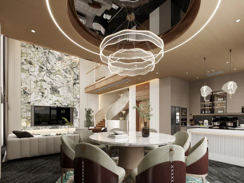 Modern villa pick empty living room dining room kitchen spiral staircase 3D Model