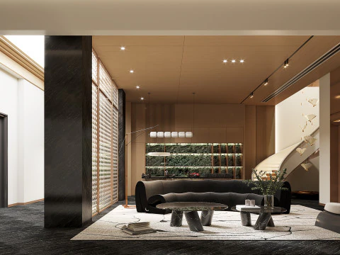Modern villa basement living room entrance entrance island spiral staircase 3D Model