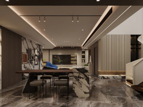 Modern villa living room island stairs 3D Model