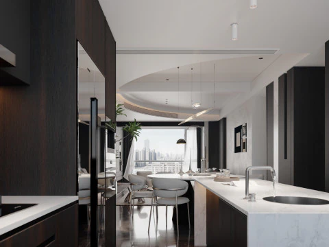 Modern and stylish living room and dining room 3D Model