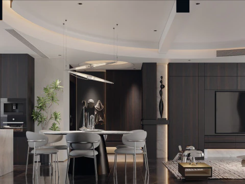 Modern and stylish living room and dining room 3D Model