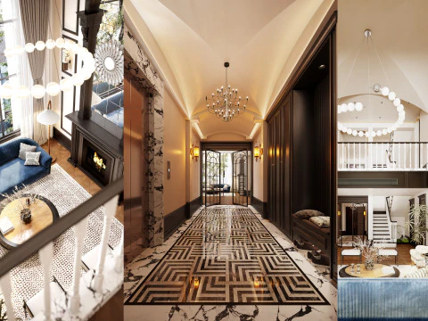 アメリカン スタイル ヴィラ リビング ルーム ダイニング ルーム スタディ キッチン 3Dモデル