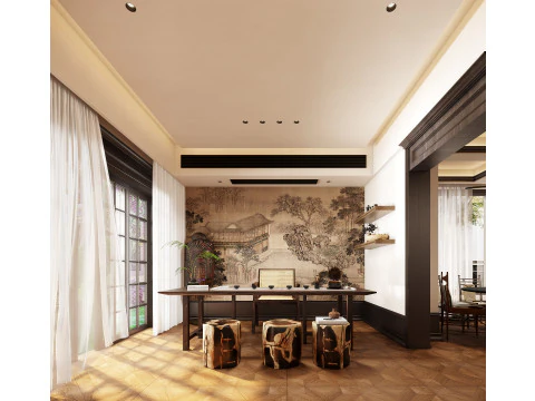 American style villa living room dining room study kitchen 3D Model