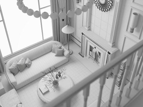 American style villa living room dining room study kitchen 3Dモデル