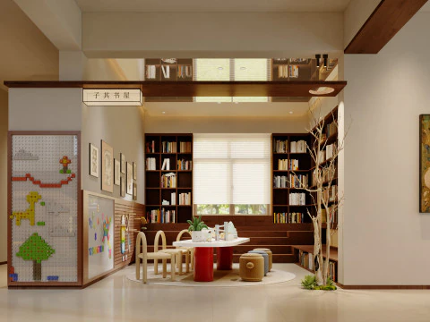 Modern natural style dining room study stairwell-cr 3D Model
