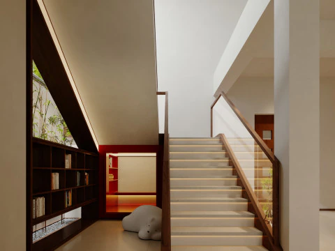 Modern natural style dining room study stairwell-cr 3D Model