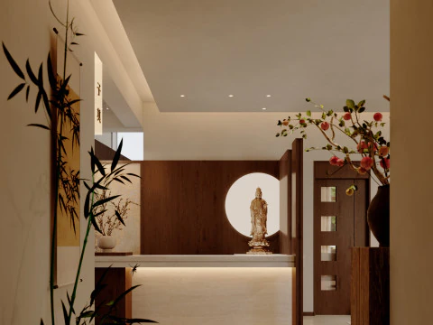 Sala ricevimenti moderna in stile naturale, sala da t&egrave;, bar con acqua-cr Modello 3D