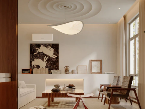 Sala ricevimenti moderna in stile naturale, sala da t&egrave;, bar con acqua-cr Modello 3D