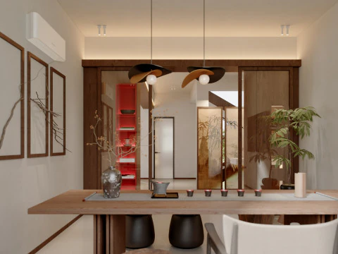 Sala ricevimenti moderna in stile naturale, sala da t&egrave;, bar con acqua-cr Modello 3D