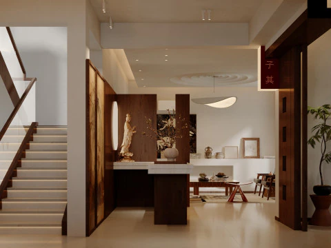 Sala ricevimenti moderna in stile naturale, sala da t&egrave;, bar con acqua-cr Modello 3D