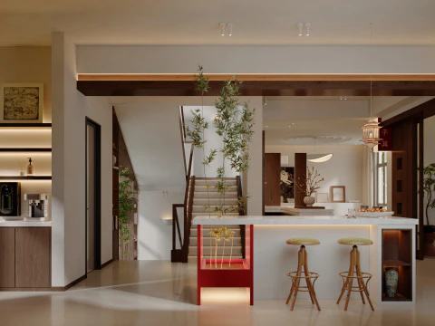 Sala ricevimenti moderna in stile naturale, sala da t&egrave;, bar con acqua-cr Modello 3D