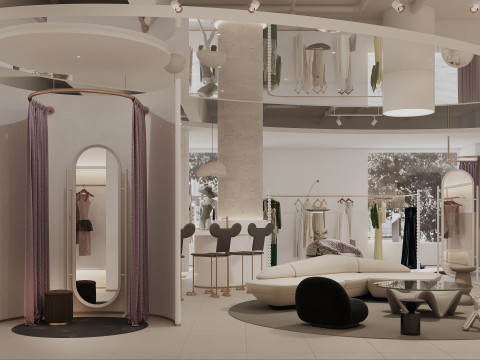Modern clothing store lobby fitting room shoes and bags 3D Model