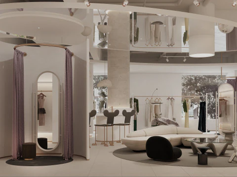 Modern clothing store lobby fitting room shoes and bags 3D Model
