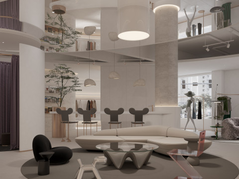 Modern clothing store lobby fitting room shoes and bags 3D Model