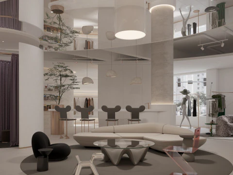 Modern clothing store lobby fitting room shoes and bags 3D Model