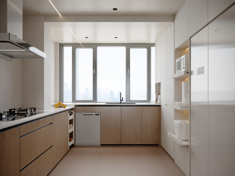 Modern cream style kitchen with hood and cooktop 3Dモデル
