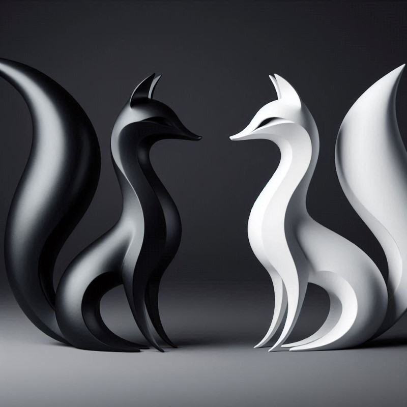 Minimalist Black White Fox Pair Sculpture 3D प्रिंट मॉडल .c4d .max .obj .3ds .fbx .stl .blend