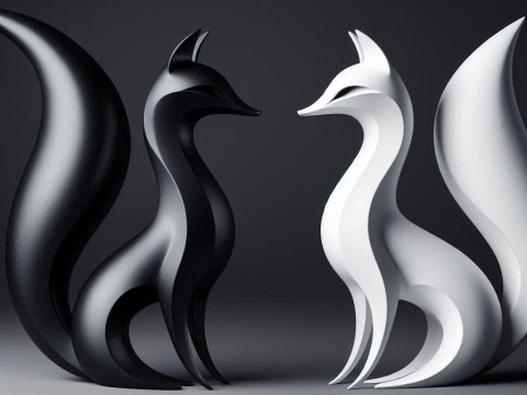 Minimalist Black White Fox Pair Sculpture 3D Print Model