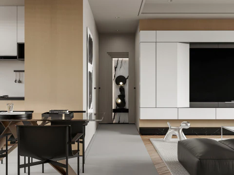 Modern living room dining room kitchen 3D Model