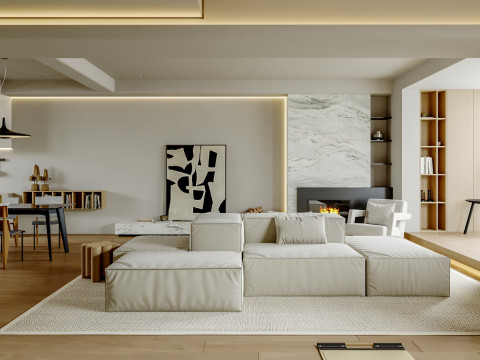 Modern living room dining room kitchen 3D मॉडल