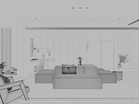 Modern living room dining room kitchen 3D मॉडल