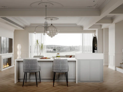 Modern living room dining room kitchen 3D Model