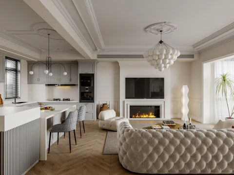 Modern living room dining room kitchen 3D Model