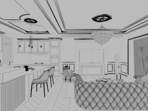Modern living room dining room kitchen 3D Model