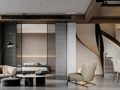 현대적인 거실 식당 주방 3D 모델