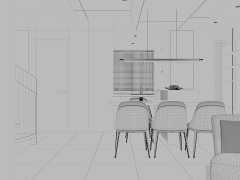 Modern living room dining room kitchen 3D Model