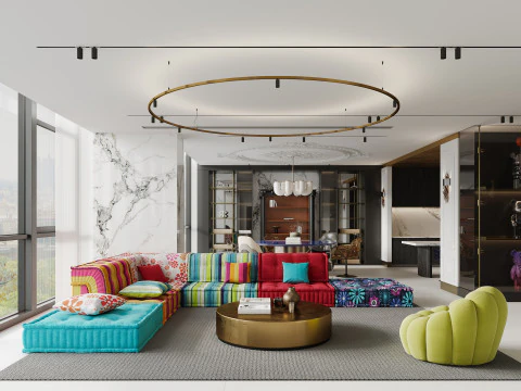 L&uuml;ks oturma odası ve yemek odası koridoru 3D Model