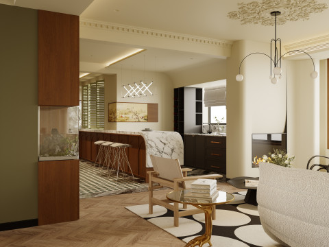 Luxurious living room and dining room hallway 3D Model