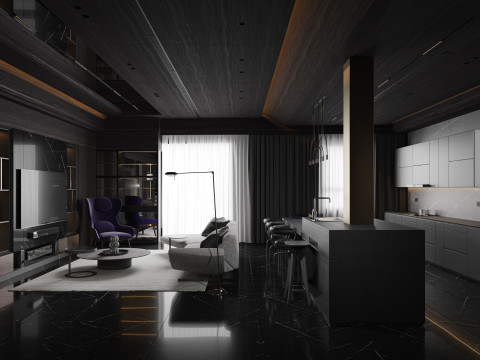Modern living room dining room kitchen 3D 모델